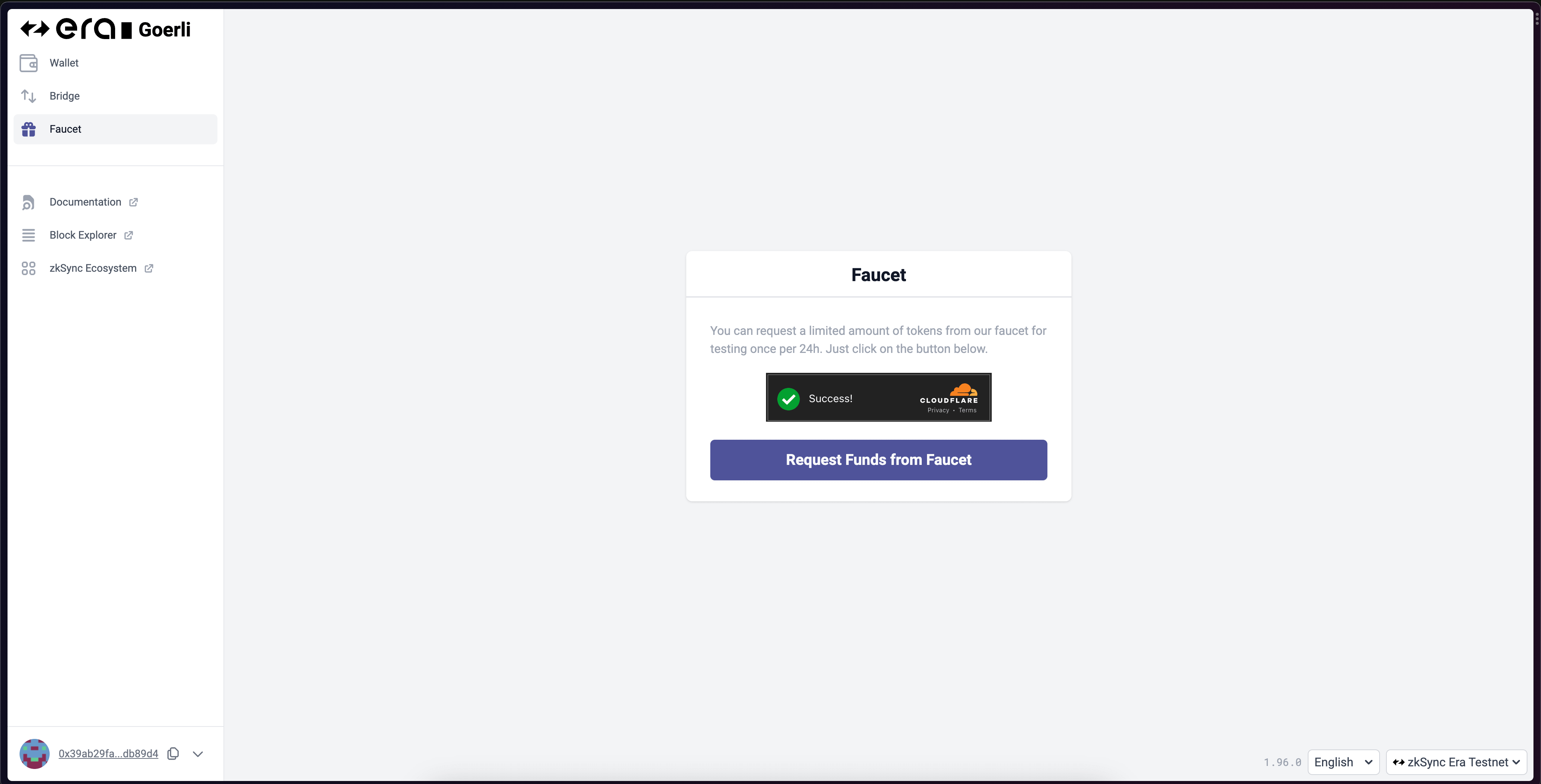 Request funds from zkSync era faucet