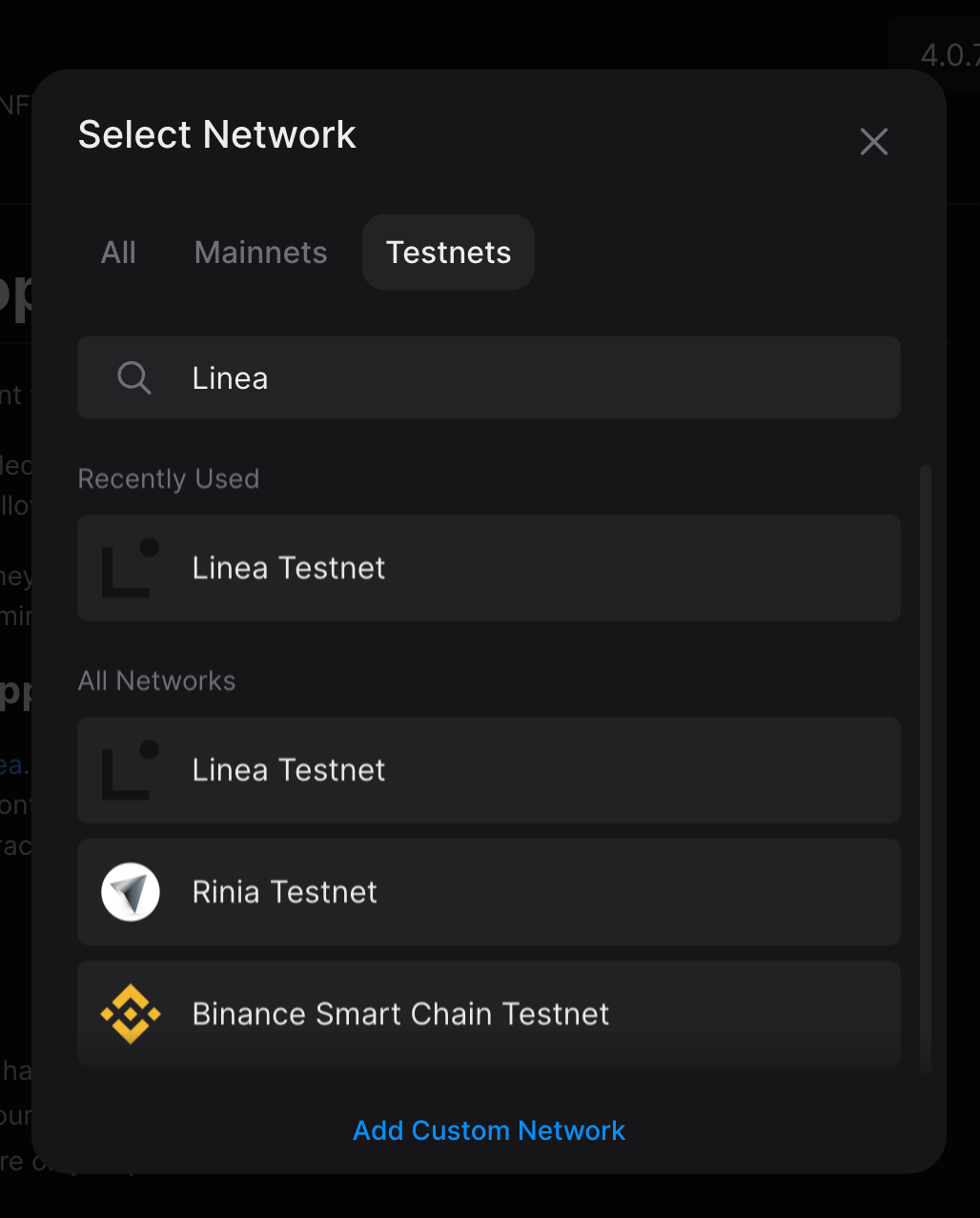 Search for "Linea" and select Linea Testnet