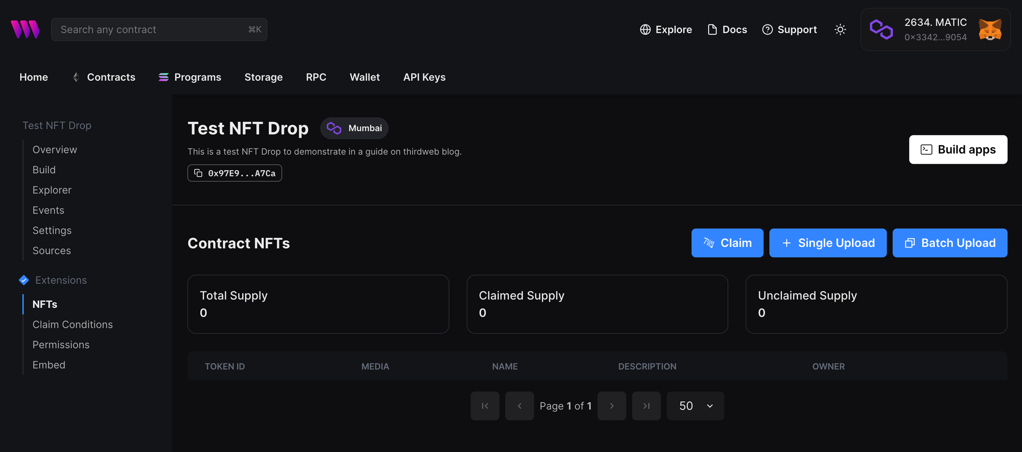 NFTs tab on the NFT drop contract dashboard