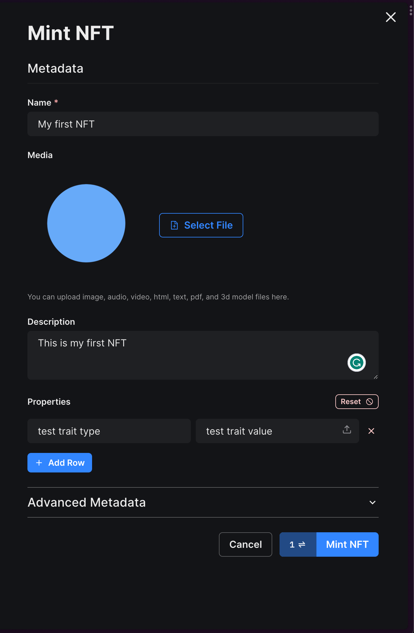 Populate metadata for your NFT