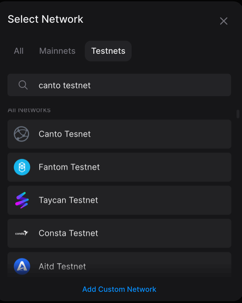 Search for "Canto" and select Canto testnet