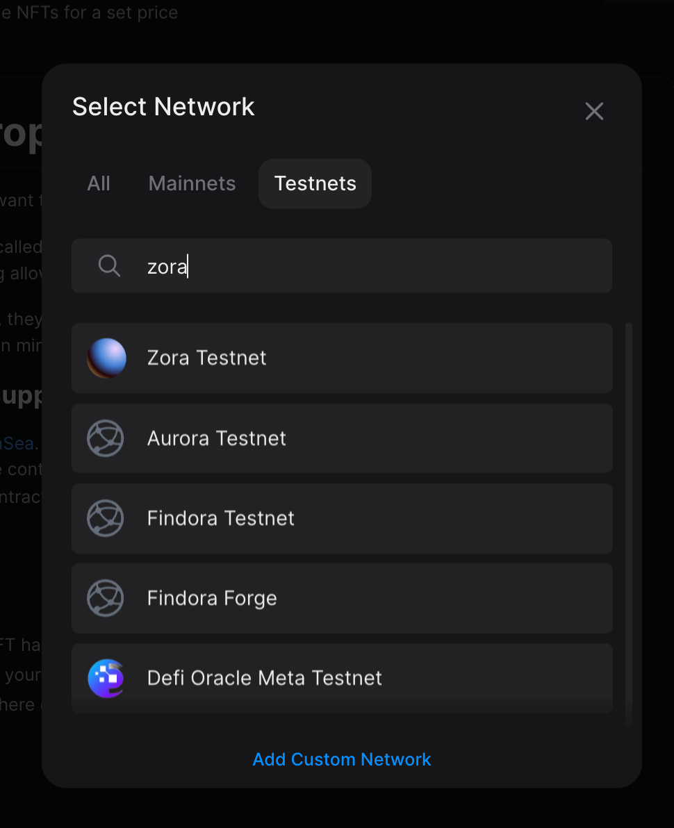 Search for "zora" and select Zora testnet