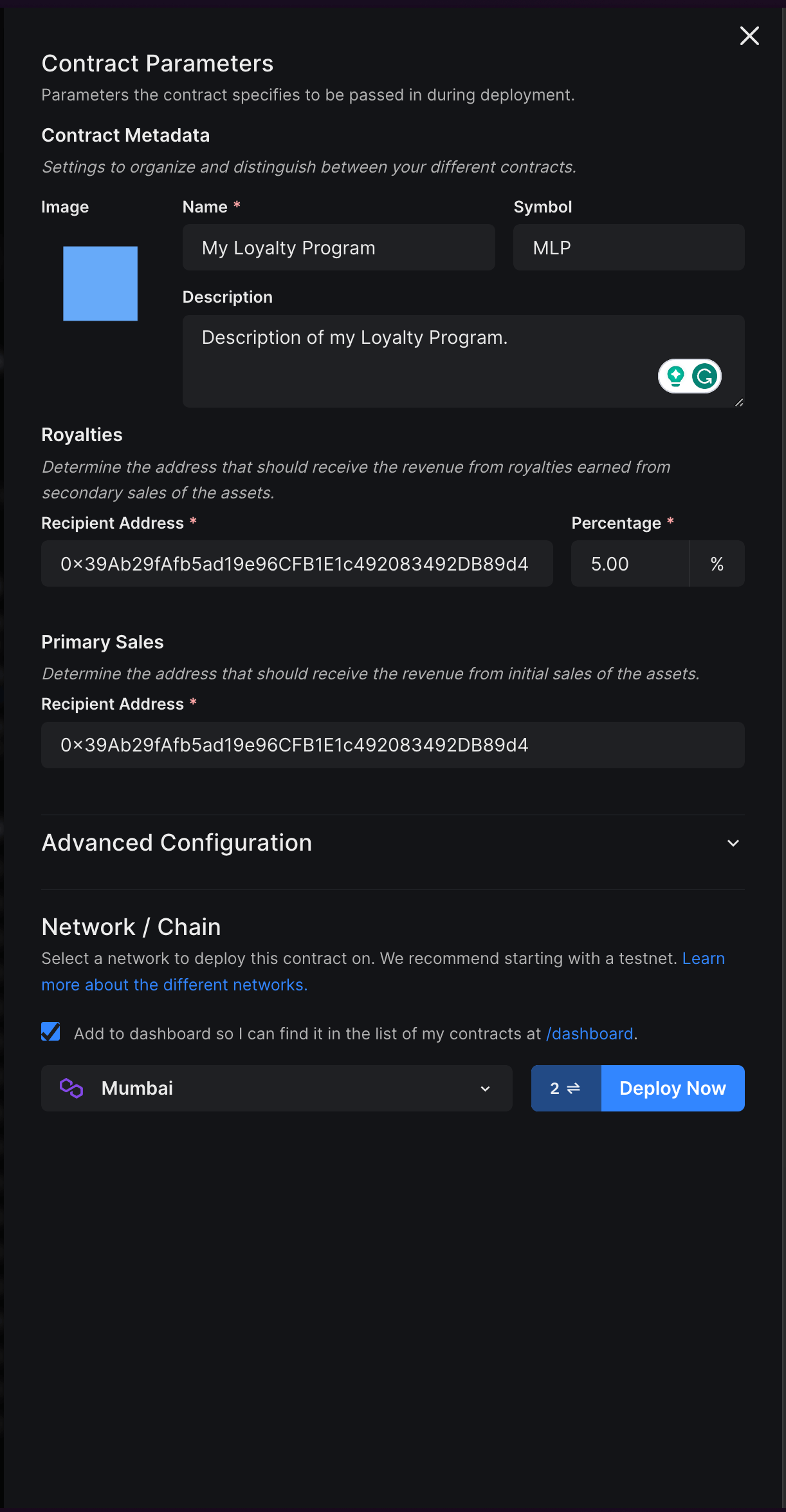 fill in contract parameters of the loyalty contract