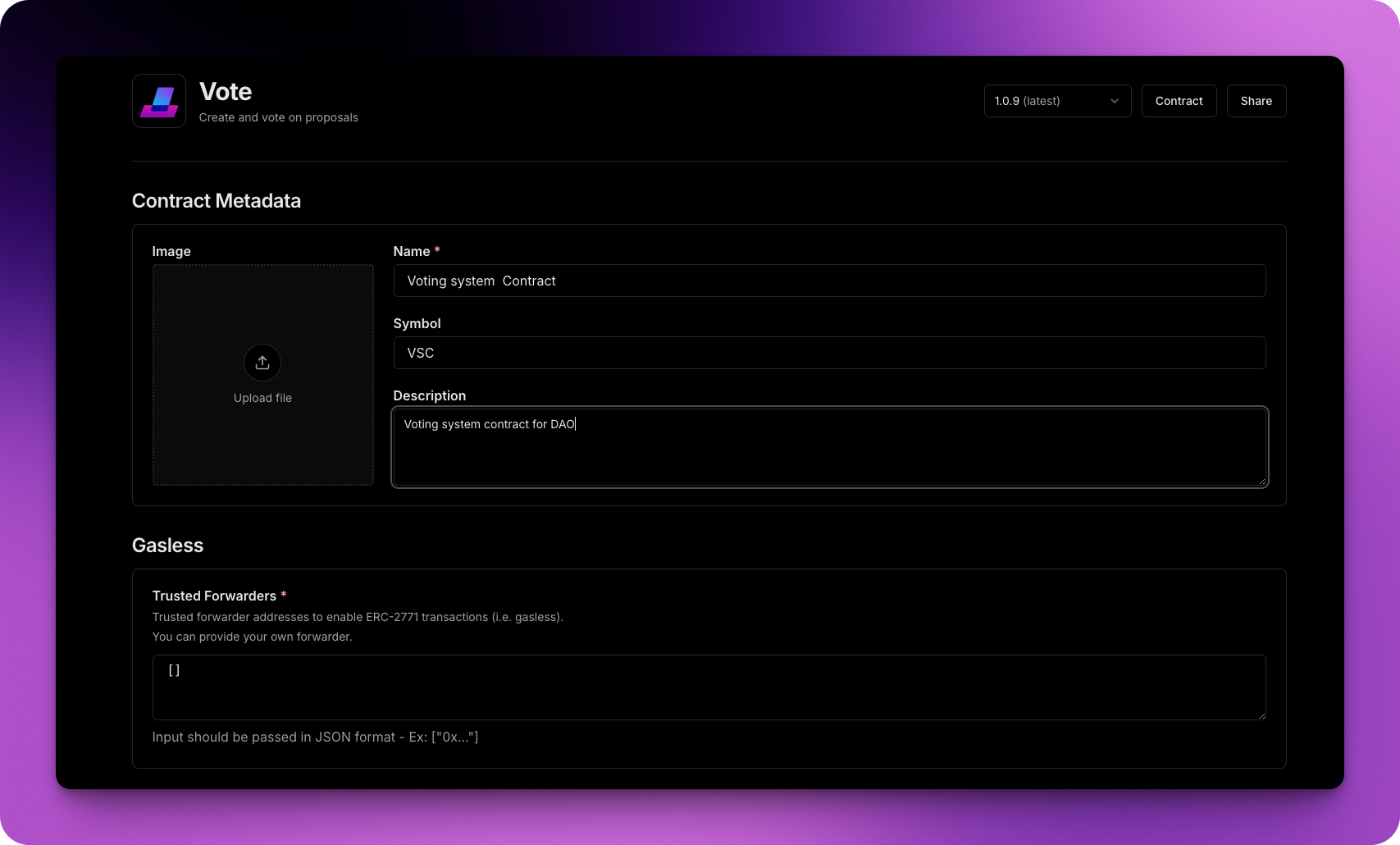 thirdweb metadata fields for deploying a voting system contract for a DAO