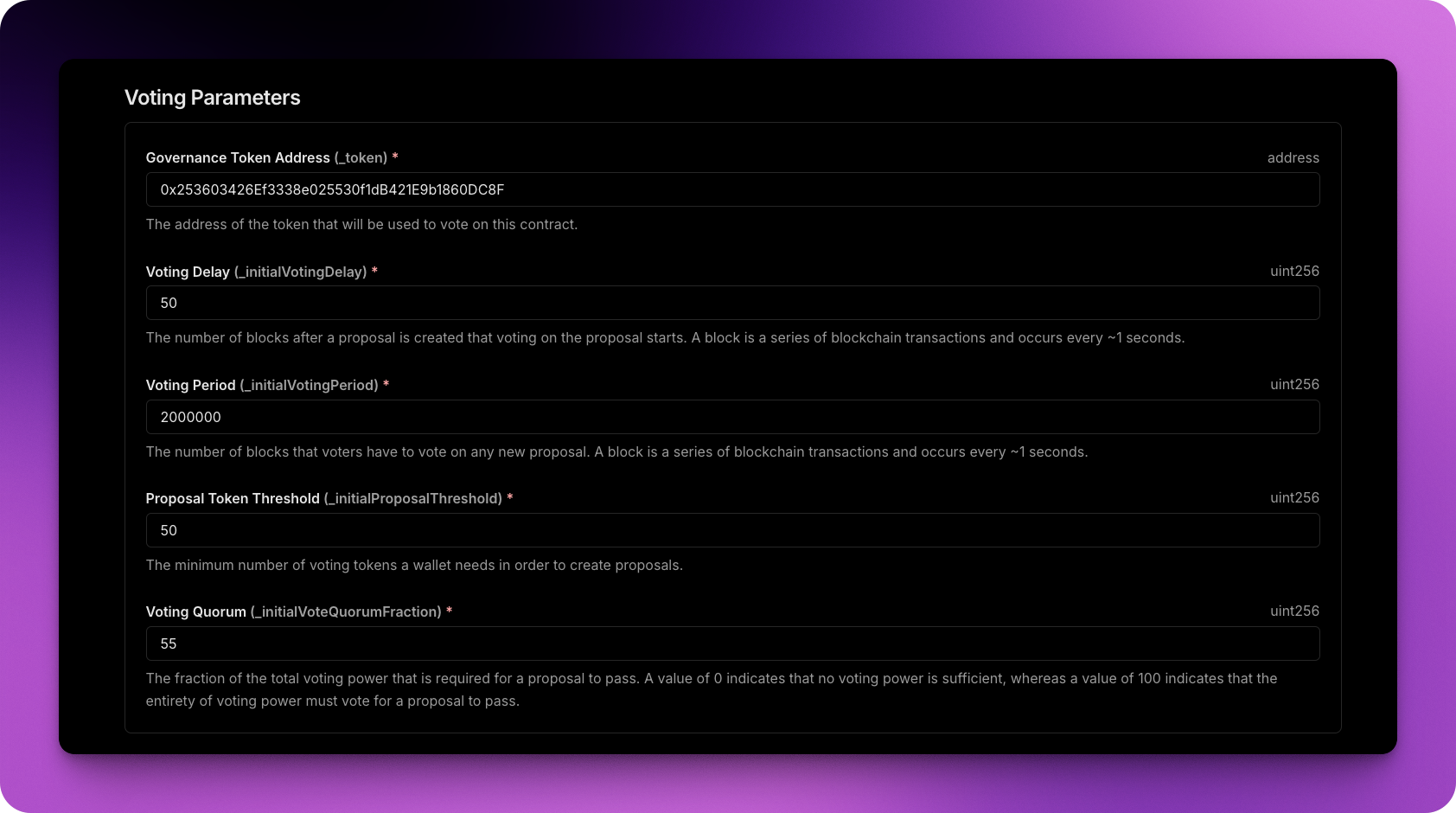 thirdweb voting parameters for DAOs via smart contract metadata