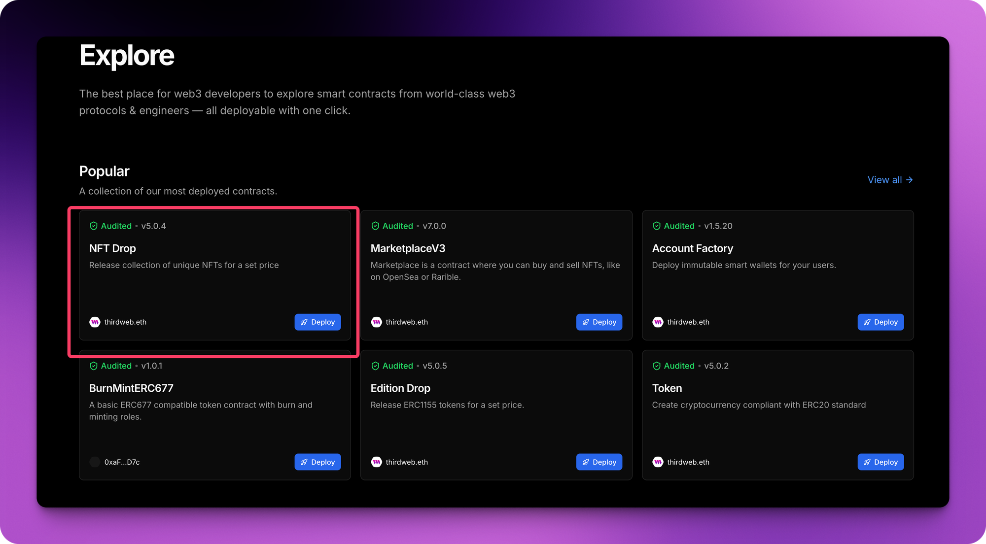 thirdweb explore NFT smart contract templates and examples to deploy