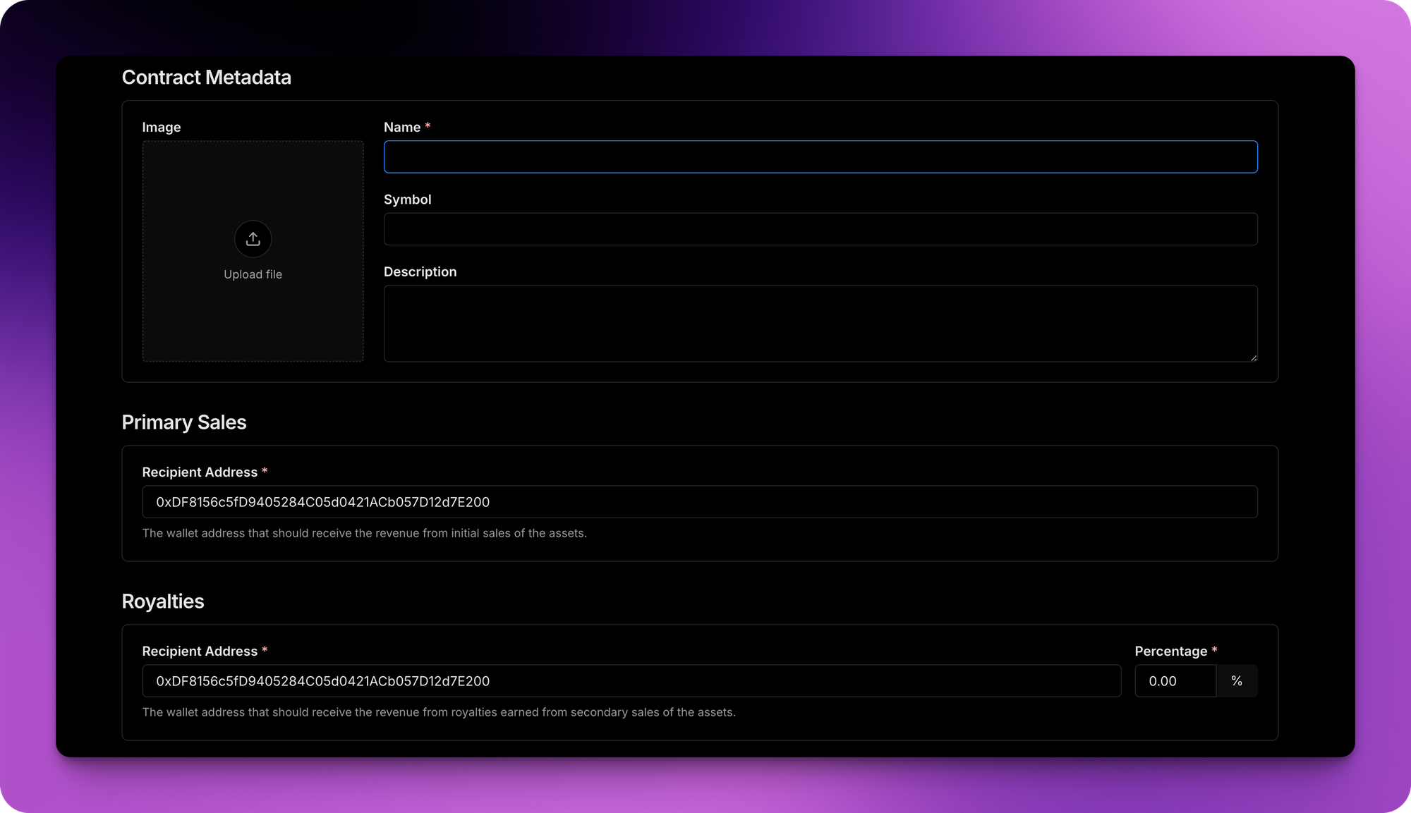 thirdweb NFT contract metadata configuration showing name, symbol, description, recipient address and royalties