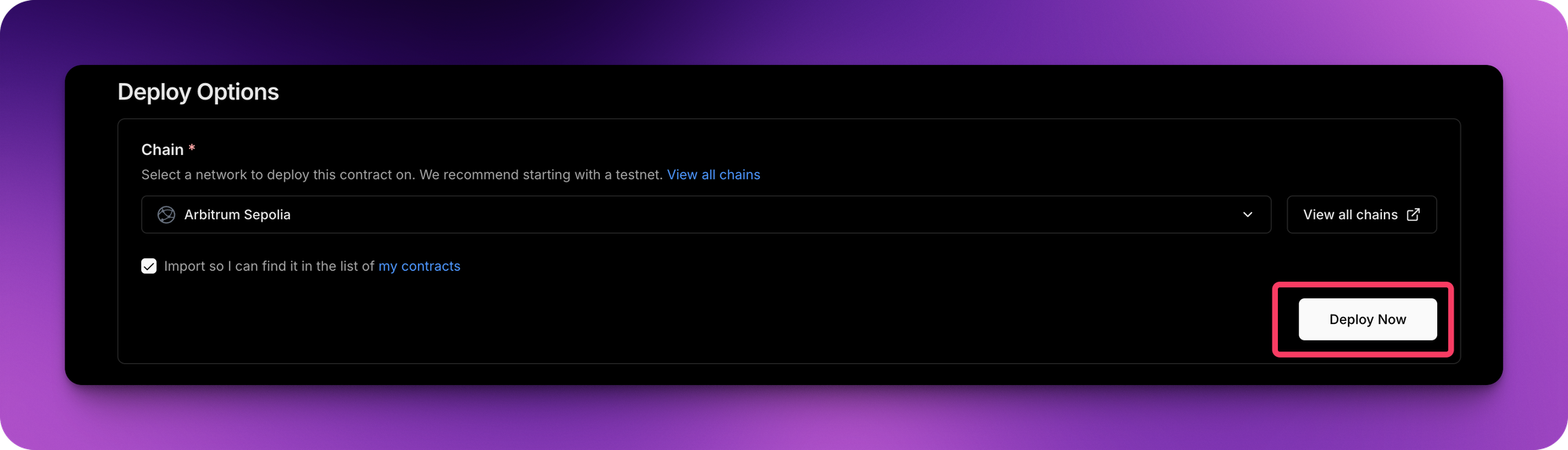 Arbitrum sepolia network flow for deploying a smart contract with thirdweb