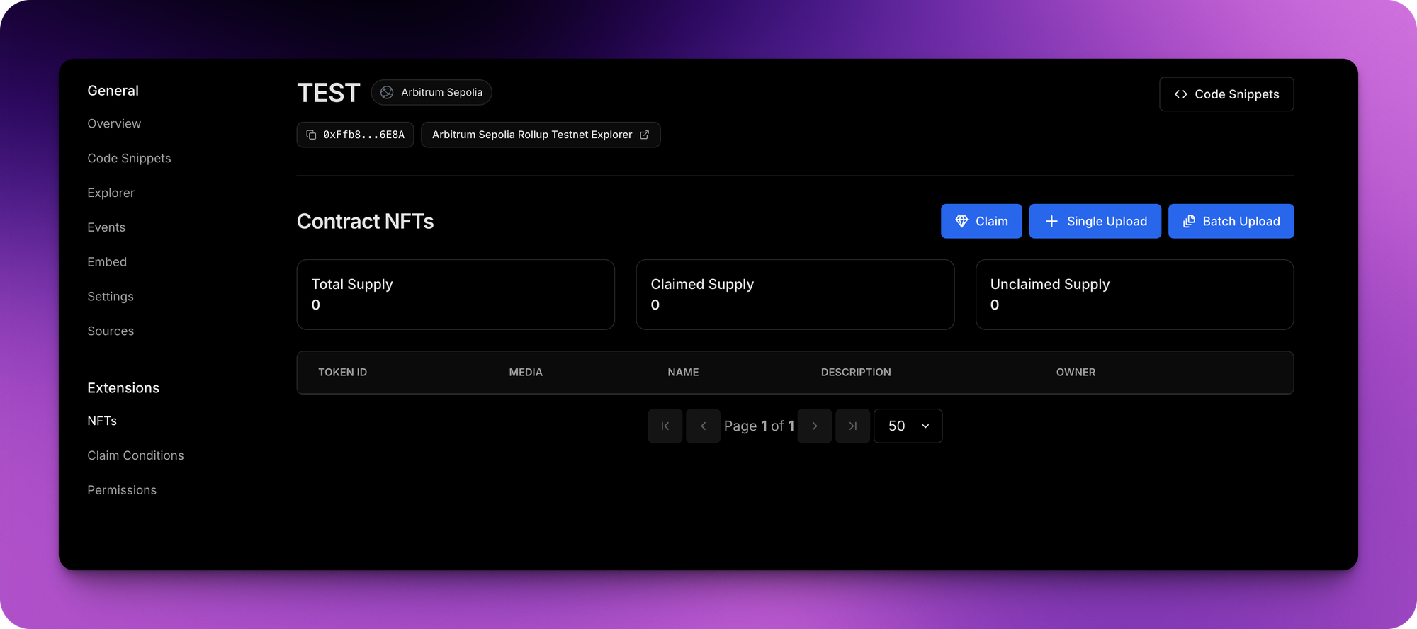 a screenshot of a newly deployed NFT smart contract via thirdweb's dashboard