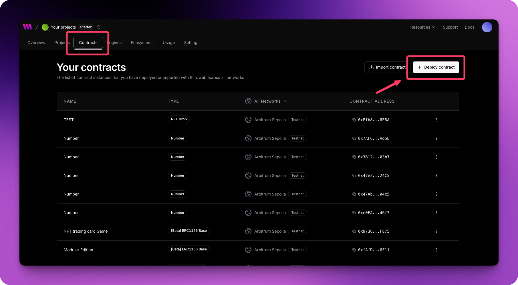 thirdweb contracts deployment dashboard